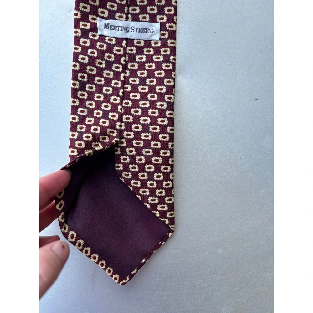 Meeting Street Burgundy Cream Geometric Medallion 100% Silk Tie Made in USA